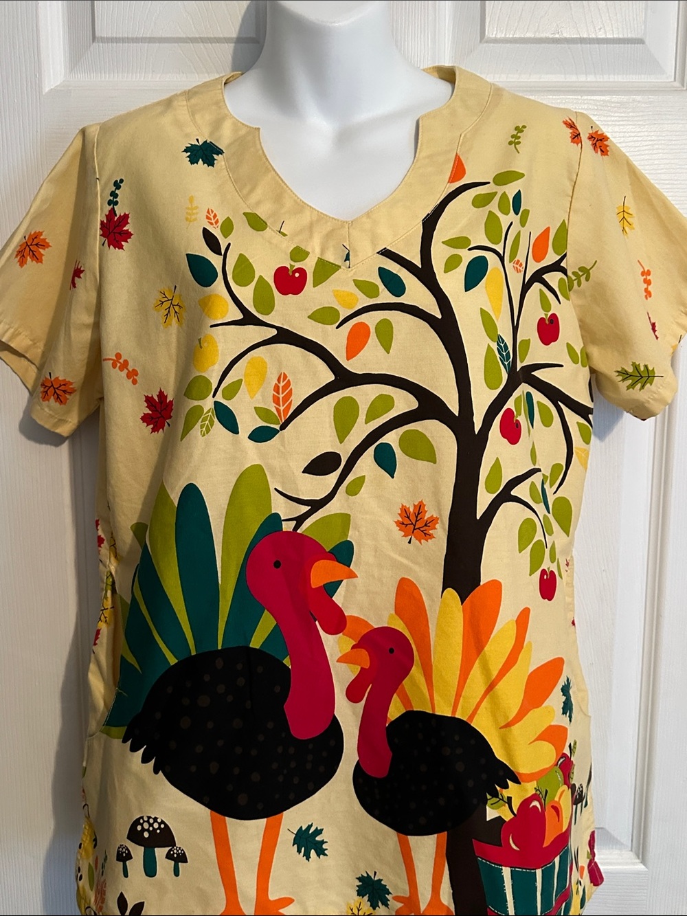 UA Scrubs Cream Short-Sleeve M Scrub Top with Colorful Turkey & Tree Graphic